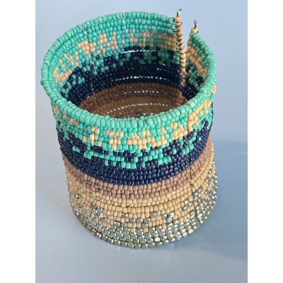 Unknown Jewelry - Vintage Beaded Metal Cuff Bracelet Multicolor Glass Tribal Western Design 2 3/4"